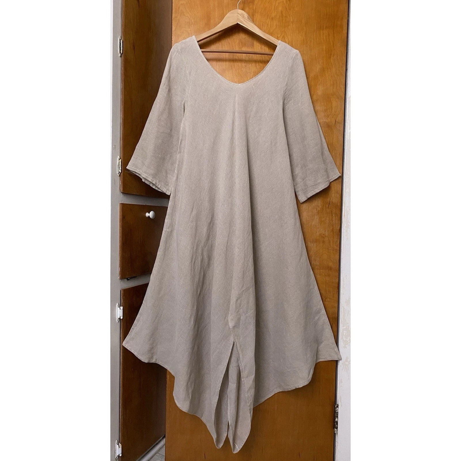 La Bottega Di Brunella Italian Linen Midi Dress Lagenlook Boho Tan Italy Sz 50